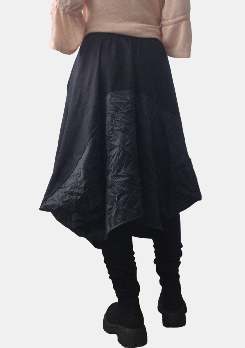 Fusta midi balon din vascoza, cu colturi si insertie material texturat satinat, neagra [3]