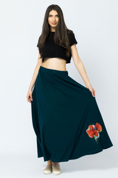Fusta lunga in A, din tricot de bumbac, turcoaz inchis, cu imprimeu maci [1]