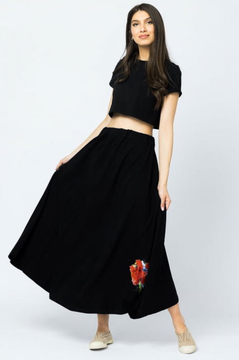 Fusta lunga in A, din tricot de bumbac, neagra, cu imprimeu maci [3]