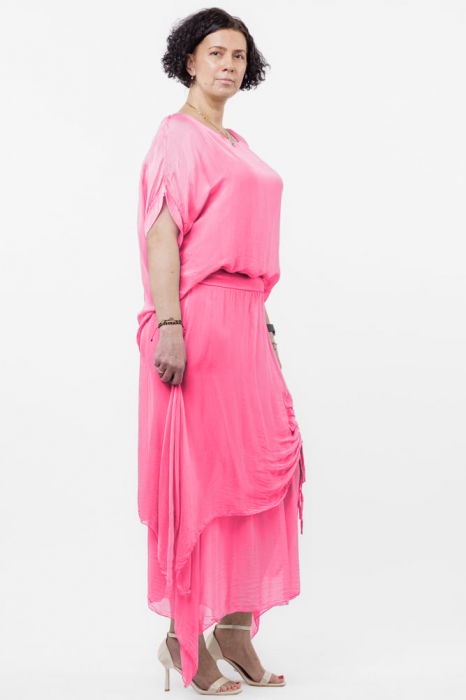 Fusta lunga in colturi, din matase si vascoza, suprapusa, cu snur vertical, fucsia [3]