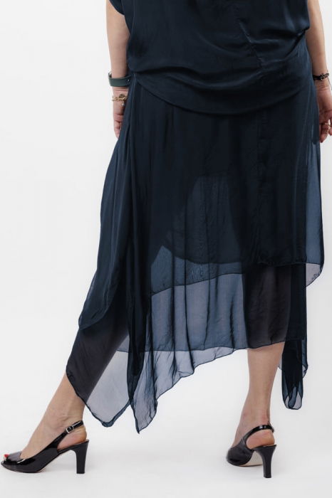 Fusta lunga in colturi, din matase si vascoza, suprapusa, cu snur vertical, bleumarin [2]