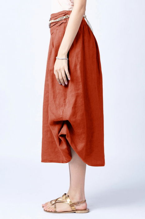 Fusta lunga caramizie cu poale prinse, din in, cu o curea fancy [2]