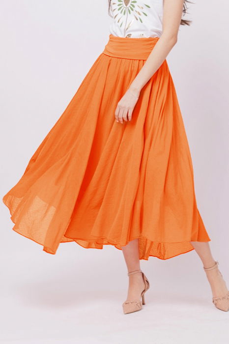 Fusta lunga portocalie, ampla, clos, din batist de bumbac [1]