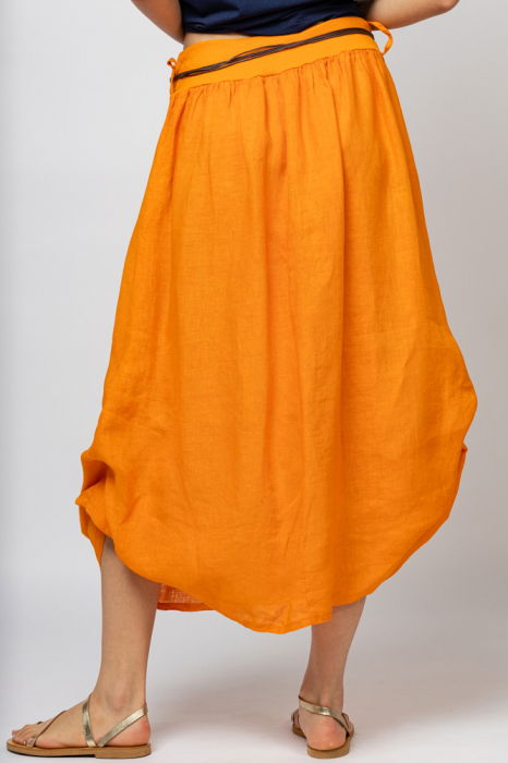 Fusta lunga portocalie cu poale prinse, din in, cu o curea fancy [3]