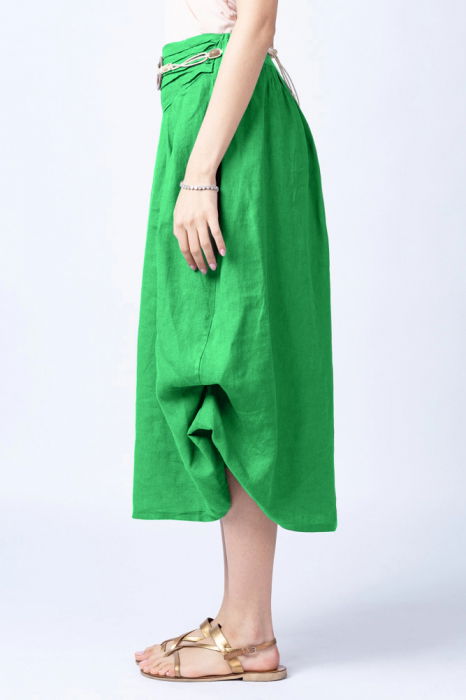 Fusta lunga verde crud cu poale prinse, din in, cu o curea fancy [2]