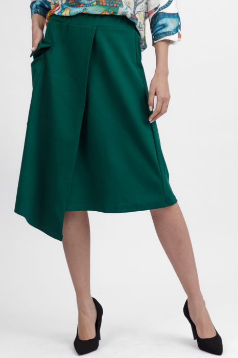 Fusta verde midi petrecuta din punto milano, cu buzunar aplicat si colt [3]
