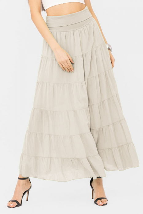 Fusta maxi, ampla, cu volane, din batist de bumbac, bej [1]