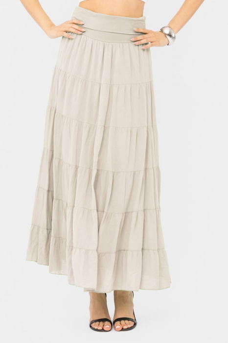 Fusta maxi, ampla, cu volane, din batist de bumbac, bej [2]