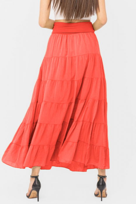 Fusta maxi, ampla, cu volane, din batist de bumbac, corai [3]