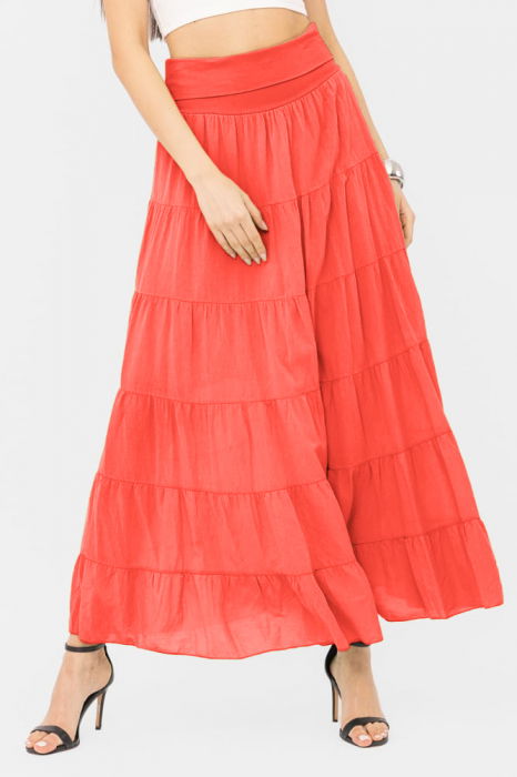Fusta maxi, ampla, cu volane, din batist de bumbac, corai [1]