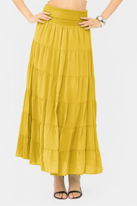 Fusta maxi, ampla, cu volane, din batist de bumbac, galbena [2]