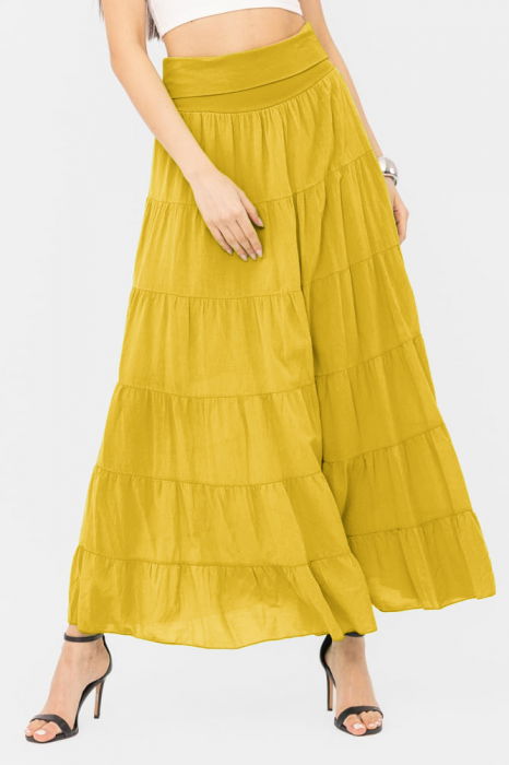 Fusta maxi, ampla, cu volane, din batist de bumbac, galbena [1]