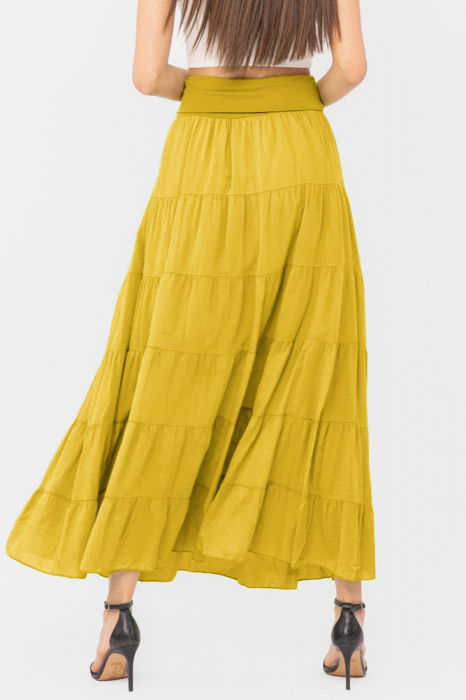 Fusta maxi, ampla, cu volane, din batist de bumbac, galbena [3]