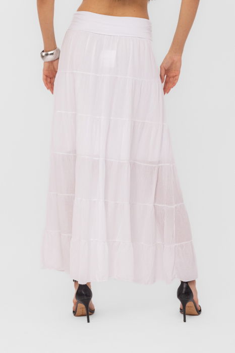 Fusta maxi, ampla, cu volane, din batist de bumbac, alba [3]