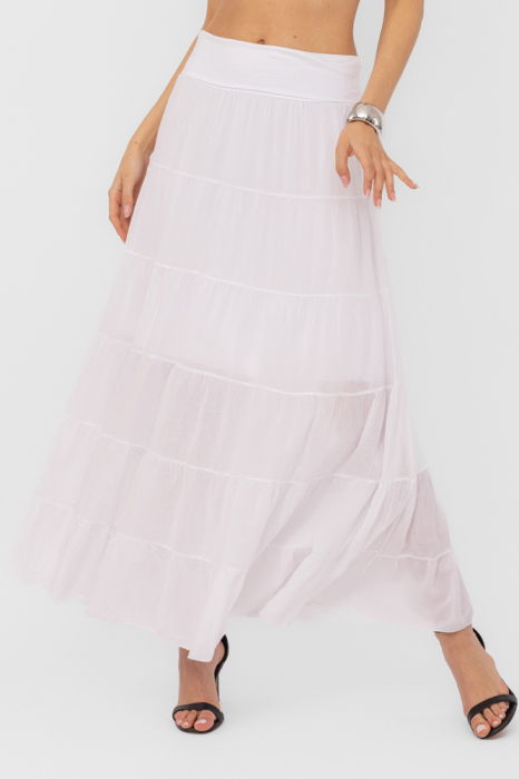 Fusta maxi, ampla, cu volane, din batist de bumbac, alba [1]