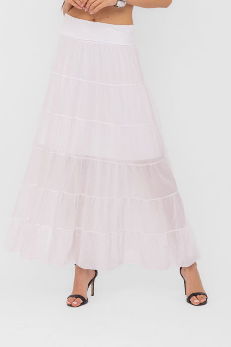 Fusta maxi, ampla, cu volane, din batist de bumbac, alba [2]