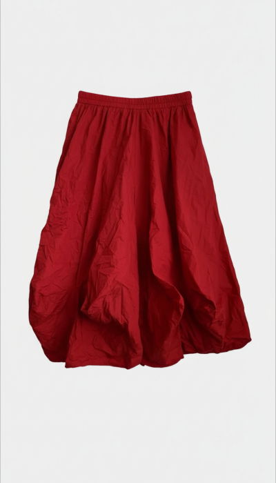 Fusta midi ampla din bumbac, cu fronseuri si buzunare, rosie [2]