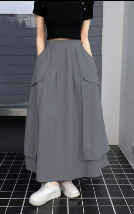 Fusta lunga ampla cu suprapuneri laterale, gri [1]
