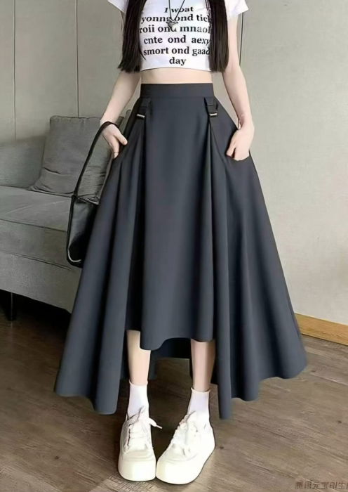 Fusta midi ampla cu lungime asimetrica, neagra [2]