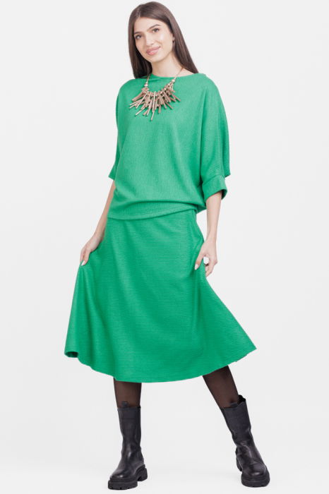 Fusta midi clos din jerseu embosat de vascoza, verde [5]