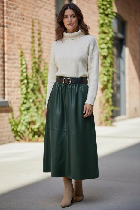Fusta midi evazata, cu volan, din piele ecologica, cu talie elastica, verde inchis [2]