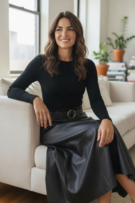 Fusta midi evazata, cu volan, din piele ecologica, cu talie elastica, neagra [1]