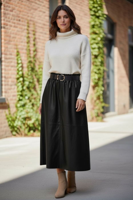 Fusta midi evazata, cu volan, din piele ecologica, cu talie elastica, neagra [2]