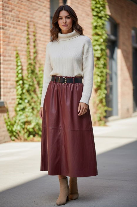 Fusta midi evazata, cu volan, din piele ecologica, cu talie elastica, bordo [2]