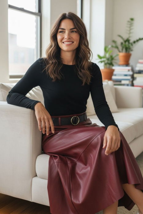 Fusta midi evazata, cu volan, din piele ecologica, cu talie elastica, bordo [1]