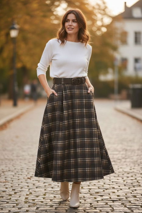 Fusta midi evazata in carouri, cu talie inalta si buzunare laterale, im6 [2]