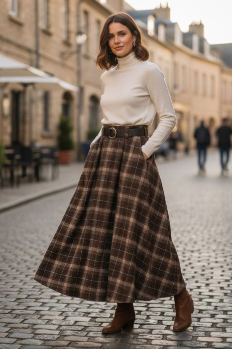 Fusta midi evazata in carouri, cu talie inalta si buzunare laterale, im2 [3]