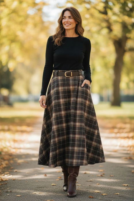 Fusta midi evazata in carouri, cu talie inalta si buzunare laterale, im5 [1]