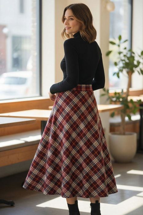 Fusta midi evazata in carouri, cu talie inalta si buzunare laterale, im7 [2]