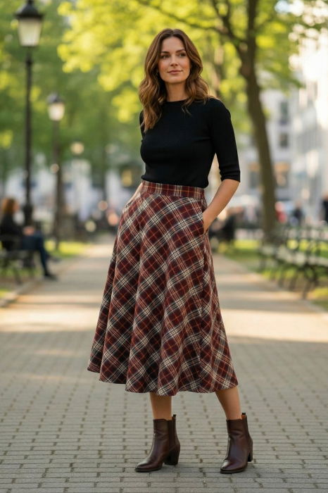 Fusta midi evazata in carouri, cu talie inalta si buzunare laterale, im7 [1]