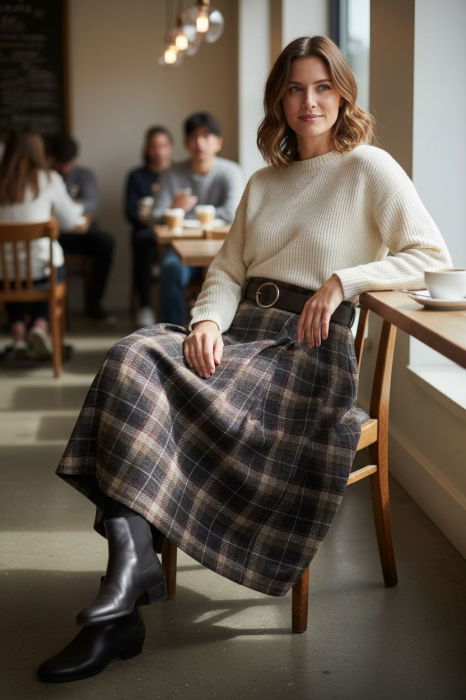 Fusta midi evazata in carouri, cu talie inalta si buzunare laterale, im8 [2]