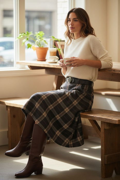 Fusta midi evazata in carouri, cu talie inalta si buzunare laterale, im8 [1]