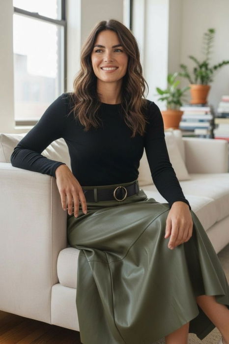 Fusta midi evazata, cu volan, din piele ecologica, cu talie elastica, kaki [2]