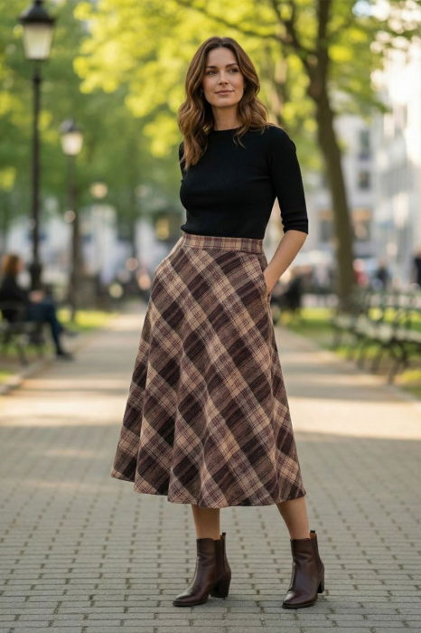 Fusta midi evazata in carouri maro cu bej, cu talie inalta si buzunare laterale [1]