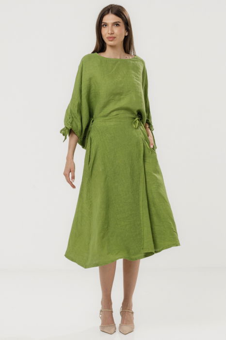 Fusta midi in stil petrecut din in, verde olive [4]