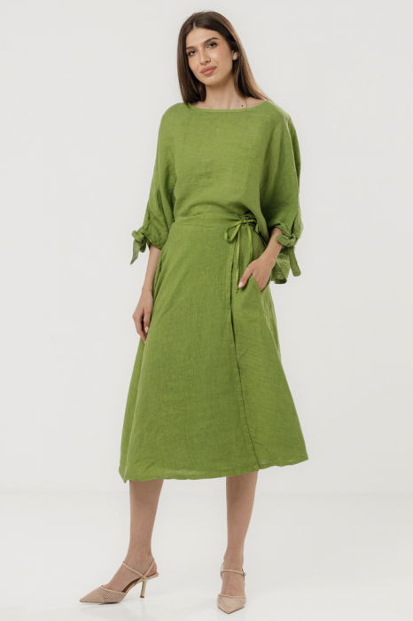 Fusta midi in stil petrecut din in, verde olive [5]