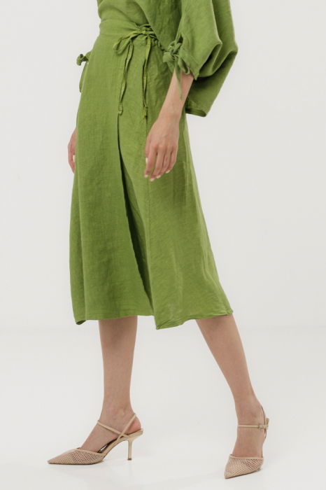 Fusta midi in stil petrecut din in, verde olive [2]
