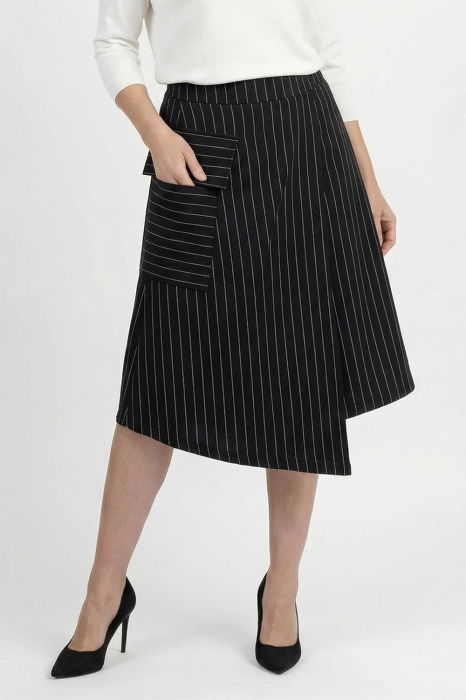 Fusta neagra cu dungi fine, midi petrecuta din punto milano, cu buzunar aplicat si colt [2]