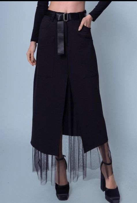 Fusta neagra suprapusa din punto milano si tulle, cu curea [5]