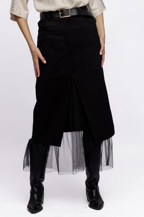 Fusta neagra suprapusa din punto milano si tulle, cu curea [1]