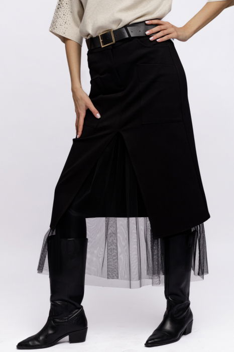 Fusta neagra suprapusa din punto milano si tulle, cu curea [2]