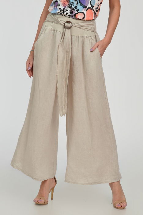 Pantaloni drepi, largi, de vara, din in, cu accesoriu de lemn, bej