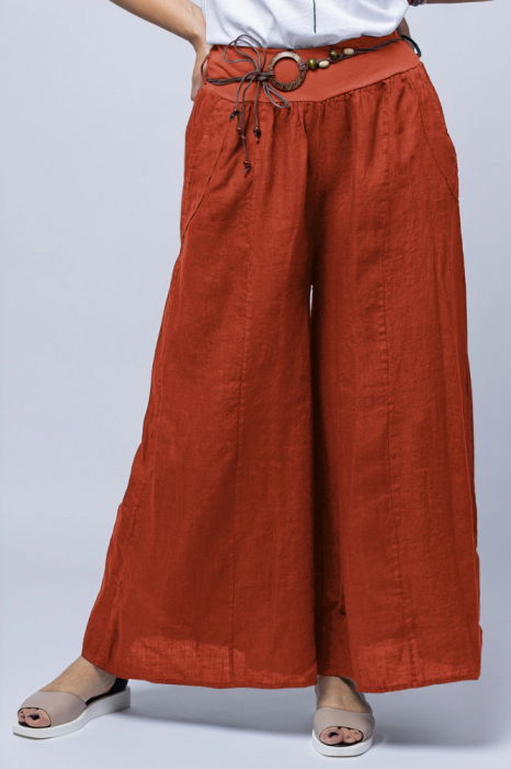 Fusta pantalon caramizie, casual, din in, cu o curea fancy [2]