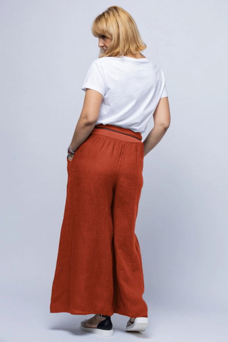 Fusta pantalon caramizie, casual, din in, cu o curea fancy [3]