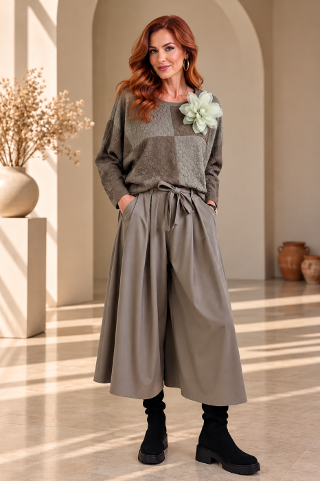Fusta pantalon midi ampla cu talie inalta si cordon, taupe — Colecție Damă, Fuste