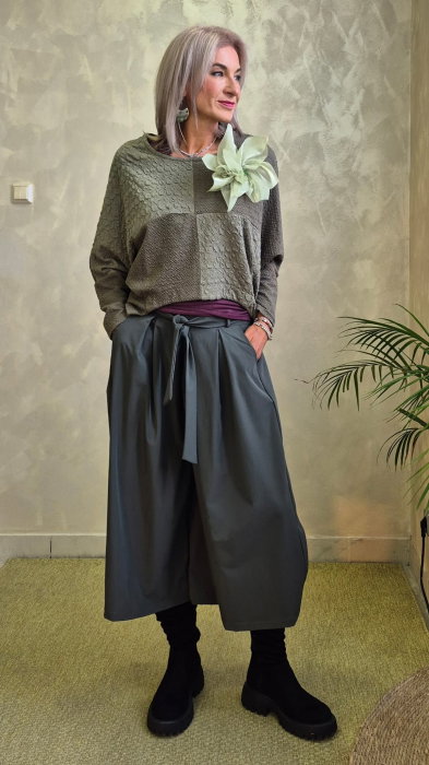 Fusta pantalon midi ampla cu talie inalta si cordon, kaki — Colecție Damă, Fuste